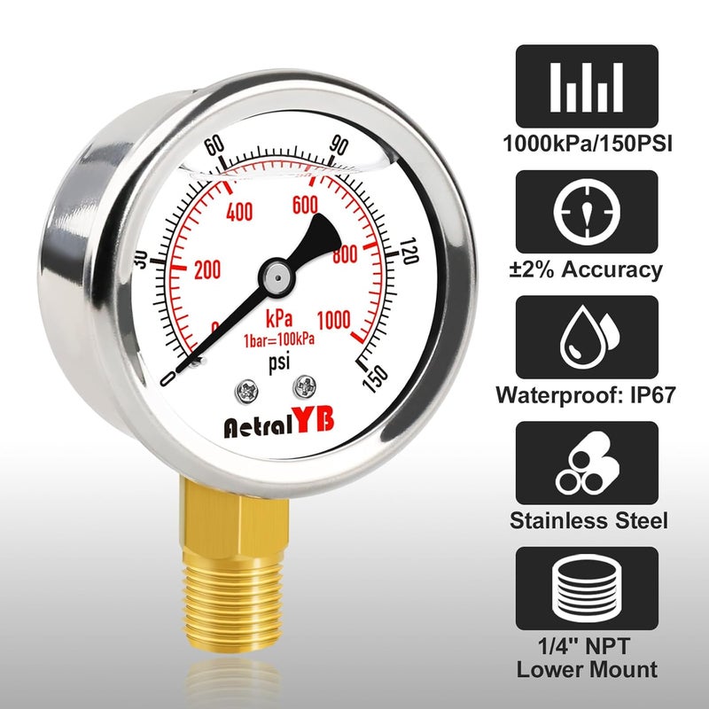 AetralYB 0-150 PSI Pressure Gauge, Liquid-Filled, 2-Inch, Stainless Steel Case, Brass Internals, 1/4" NPT Bottom Mount, Pressure Gauge for Air Compressor, RV Regulator, and Industrial Use - Image 2